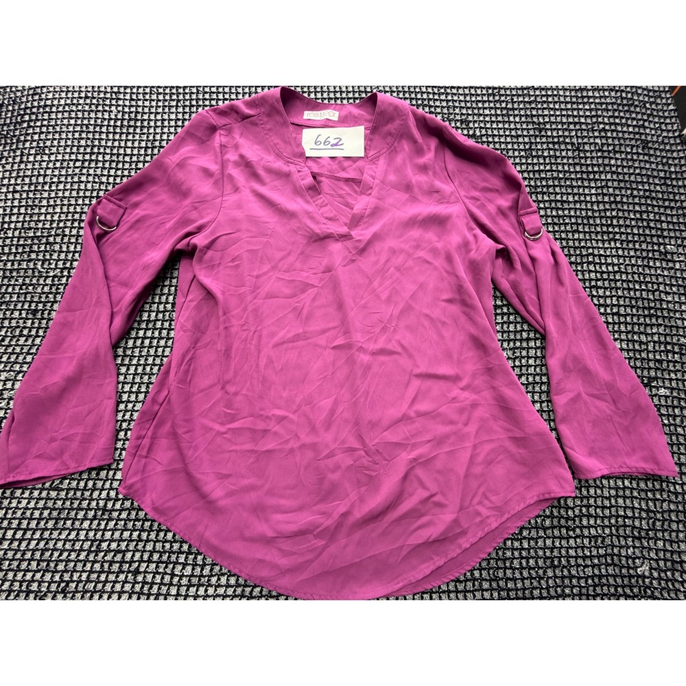 Roswear Blouse Women L Magenta Roll Tab Sleeve V-Neck Top